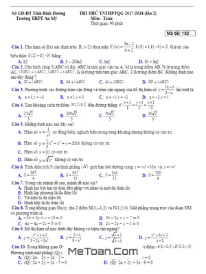 Đề Thi Thử THPTQG 2018 Môn Toán Trường THPT An Mỹ - Bình Dương Lần 2