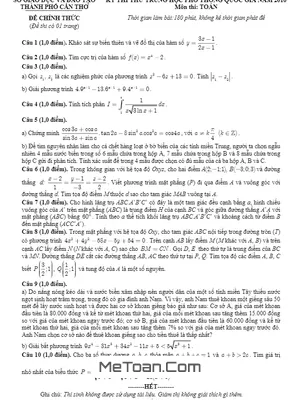 Đề thi thử THPT Quốc gia môn Toán 2016 - Sở GD&ĐT Cần Thơ (có đáp án)