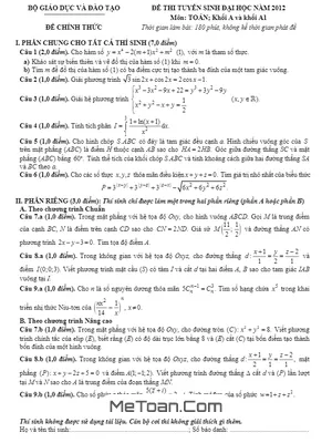 Đề thi và đáp án môn Toán khối A năm 2012 - Tuyển sinh Đại học
