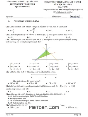 Đề KSCL Toán 10 Lần 2 Năm 2022 - 2023 Trường THPT Tiên Du 1 - Bắc Ninh