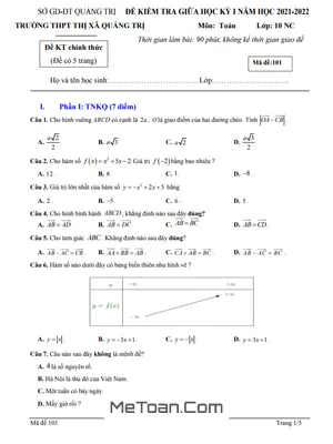 Đề thi giữa học kì 1 Toán 10 năm 2021 - 2022 trường THPT Thị xã Quảng Trị