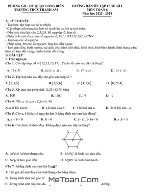 Ôn Tập Cuối Kì 1 Toán 6 Năm 2023 - 2024 Trường THCS Thanh Am - Hà Nội
