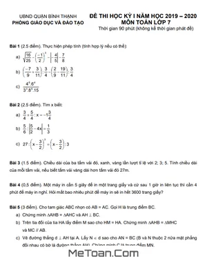 Đề thi học kỳ 1 Toán 7 năm 2019 - 2020 phòng GD&ĐT Bình Thạnh - TP HCM
