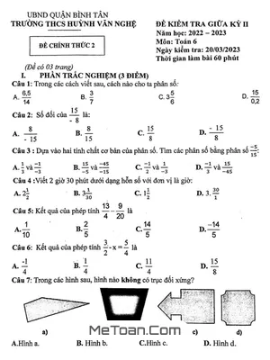 Đề Thi Giữa Kì 2 Môn Toán Lớp 6 Trường THCS Huỳnh Văn Nghệ Năm 2022-2023