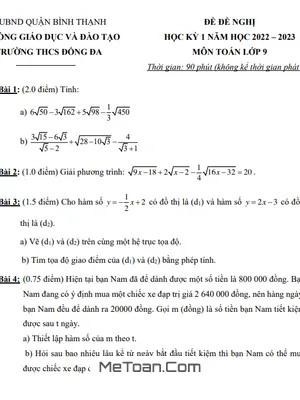 Đề đề nghị cuối kỳ 1 Toán 9 năm 2022 – 2023 trường THCS Đống Đa – TP HCM