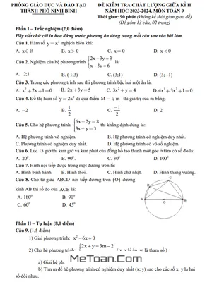 Đề thi giữa kì 2 Toán 9 năm 2023 - 2024 phòng GD&ĐT thành phố Ninh Bình