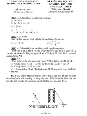 Đề thi học kì 2 Toán lớp 8 năm 2019 - 2020 trường THCS Trường Thạnh - TP.HCM (có đáp án)