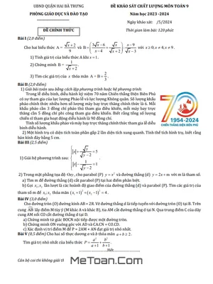 Đề khảo sát chất lượng Toán 9 năm 2023 - 2024 phòng GD&ĐT Hai Bà Trưng - Hà Nội