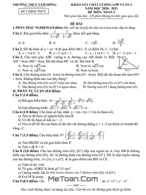 Đề khảo sát Toán 9 lần 3 năm học 2020 - 2021 trường THCS Tam Hồng – Vĩnh Phúc