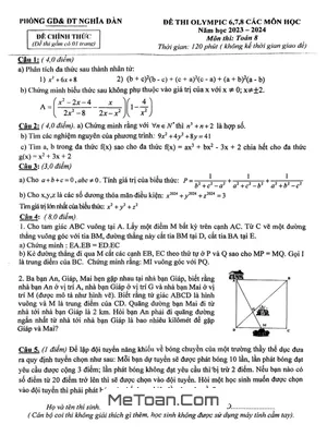Đề thi Olympic Toán 8 năm 2023 - 2024 phòng GD&ĐT Nghĩa Đàn - Nghệ An