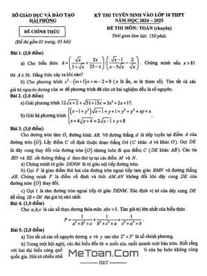 Đề thi Tuyển Sinh Lớp 10 Môn Toán (Chuyên) Năm 2024 - 2025 Sở GD&ĐT Hải Phòng