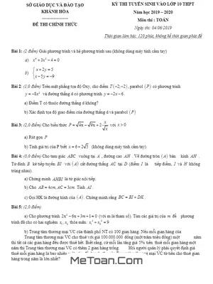 Đề thi tuyển sinh lớp 10 THPT môn Toán năm 2019 - 2020 sở GD&ĐT Khánh Hòa