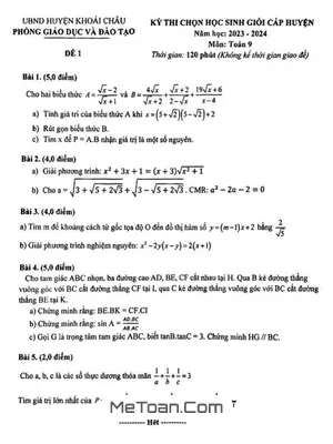 Đề thi HSG Toán 9 cấp huyện năm 2023 - 2024 phòng GD&ĐT Khoái Châu - Hưng Yên