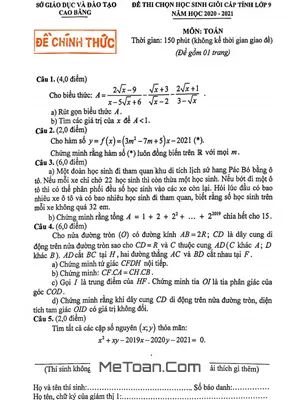 Đề thi học sinh giỏi tỉnh Toán 9 năm 2020 - 2021 Sở GD&ĐT Cao Bằng