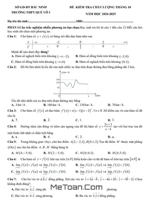 Đề kiểm tra chất lượng Toán 12 tháng 10 năm 2024 trường THPT Quế Võ 1 – Bắc Ninh