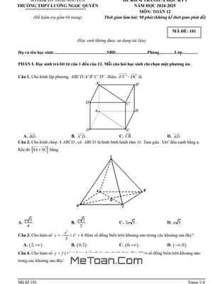 Đề Thi Giữa Kỳ 1 Toán 12 Năm 2024 - 2025 Trường THPT Lương Ngọc Quyến - Thái Nguyên