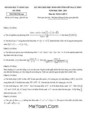 Đề thi HSG Toán 11 năm 2020 - 2021 Sở GD&ĐT Hà Tĩnh