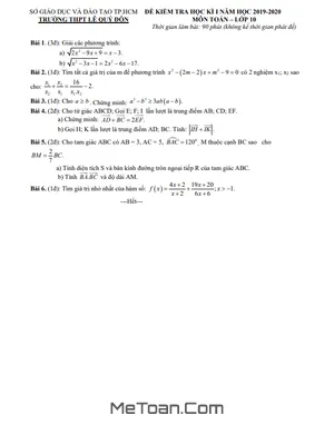 Đề thi HK1 Toán 10 năm 2019 - 2020 trường THPT Lê Quý Đôn - TP HCM