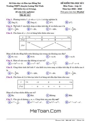 Đề thi học kì 1 Toán 12 năm 2022 - 2023 trường chuyên Lương Thế Vinh - Đồng Nai