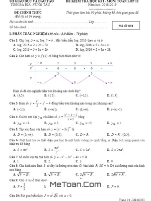 Đề thi HK1 Toán 12 năm học 2018 - 2019 Sở GD&ĐT Bà Rịa - Vũng Tàu