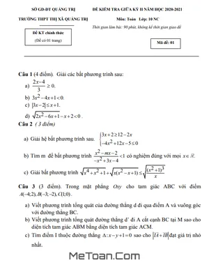 Đề kiểm tra giữa HK2 Toán 10 năm 2020 - 2021 trường THPT Thị xã Quảng Trị