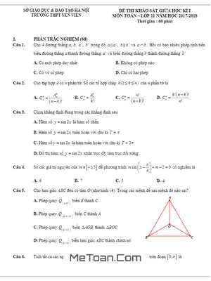 Đề thi khảo sát giữa học kỳ I môn Toán 11 năm học 2017 - 2018 trường THPT Yên Viên - Hà Nội