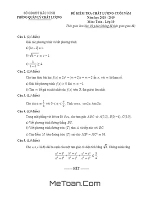 Đề kiểm tra chất lượng Toán 10 năm 2018 - 2019 Sở GD&ĐT Bắc Ninh