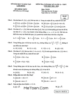 Đề kiểm tra cuối kỳ 2 Toán 12 năm 2022 - 2023 sở GD&ĐT Lâm Đồng