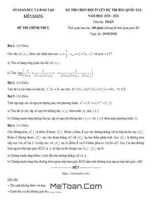 Đề thi chọn HSG Toán Quốc gia 2020-2021 Sở GD&ĐT Kiên Giang