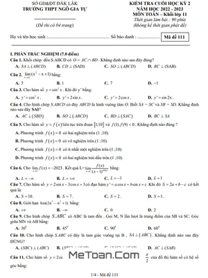 Đề Thi Cuối Kỳ 2 Môn Toán Lớp 11 Năm 2022-2023 Trường THPT Ngô Gia Tự - Đắk Lắk (Có Đáp Án)