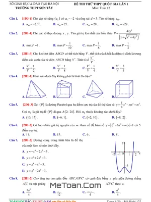 Đề Thi Thử THPT Quốc Gia Môn Toán 2018 Lần 1 Trường THPT Sơn Tây - Hà Nội