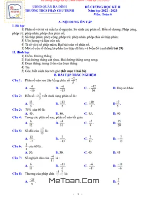 Đề Cương Ôn Tập Học Kỳ 2 Toán 6 Năm 2022 - 2023 Trường THCS Phan Chu Trinh - Hà Nội
