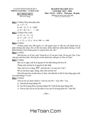 Đề thi học kỳ 1 Toán 6 năm 2019 - 2020 phòng GD&ĐT Quận 9 - TP HCM