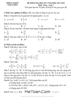 Đề thi HK1 Toán 7 năm học 2017 - 2018 phòng GD&ĐT Vĩnh Tường - Vĩnh Phúc