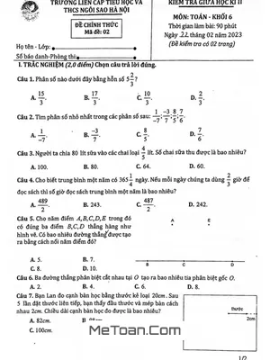 Đề thi giữa kì 2 Toán 6 năm 2022 - 2023 trường TH & THCS Ngôi Sao Hà Nội