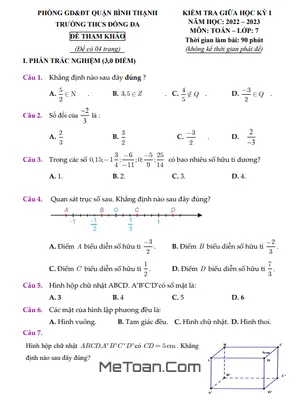 Đề Tham Khảo Giữa Kỳ 1 Toán 7 Năm 2022 - 2023 Trường THCS Đống Đa - TP HCM