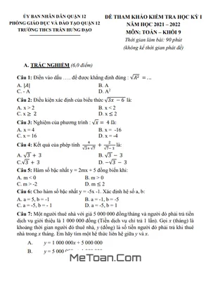 Đề Tham Khảo Thi HK1 Toán 9 Năm 2021 - 2022 Trường Trần Hưng Đạo - TP HCM