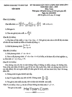 Đề khảo sát Toán 9 năm 2023 - 2024 phòng GD&ĐT Yên Định - Thanh Hóa