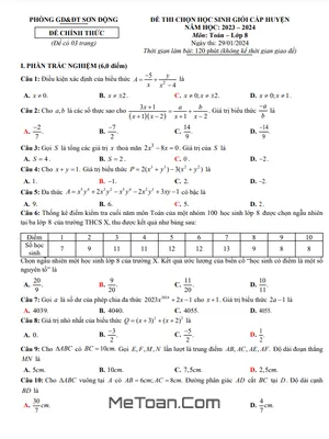 Đề thi học sinh giỏi Toán 8 năm 2023 - 2024 phòng GD&ĐT Sơn Động - Bắc Giang