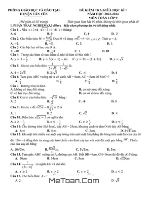 Đề Thi Giữa Học Kì 1 Toán 9 Năm 2023 - 2024 Phòng GD&ĐT Tân Yên - Bắc Giang