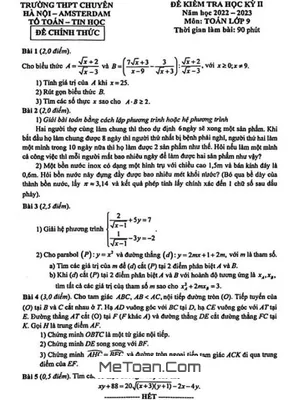 Đề thi học kỳ 2 Toán 9 năm 2022 - 2023 trường THPT chuyên Hà Nội - Amsterdam