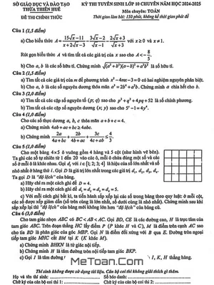 Đề thi tuyển sinh lớp 10 chuyên Toán năm 2024 - 2025 Sở GD&ĐT Thừa Thiên Huế