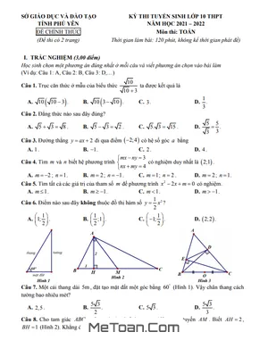 Đề thi tuyển sinh lớp 10 môn Toán năm 2021 - 2022 sở GD&ĐT Phú Yên