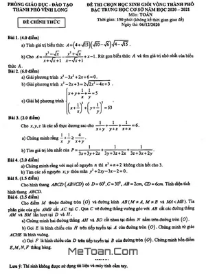 Đề thi chọn học sinh giỏi Toán THCS năm 2020 - 2021 phòng GD&ĐT thành phố Vĩnh Long