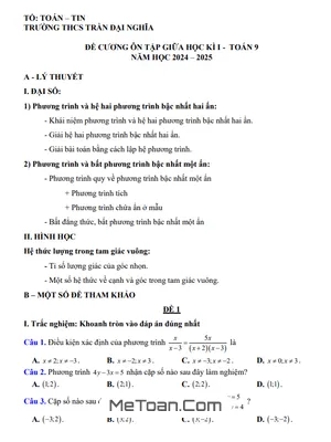 Đề cương ôn tập giữa kì 1 Toán 9 năm học 2024-2025 trường THCS Trần Đại Nghĩa - Bà Rịa Vũng Tàu