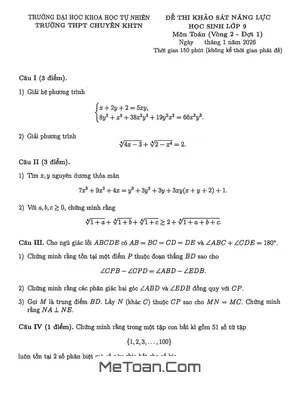 Đề Khảo Sát Năng Lực Toán 9 Vòng 2 Đợt 1 Năm Học 2025 – 2026 – Chuyên KHTN, Hà Nội