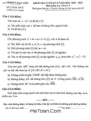 Đề kiểm tra cuối kỳ 2 Toán 9 năm học 2021 - 2022 sở GD&KHCN Bạc Liêu