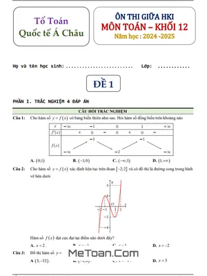 Đề Ôn Thi Giữa HK1 Toán 12 Năm 2024 - 2025 Trường Quốc Tế Á Châu - TP HCM