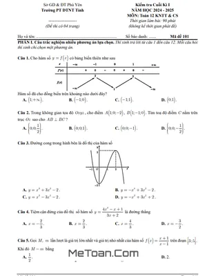 Đề thi học kì 1 Toán 12 năm 2024 - 2025 trường PT DTNT tỉnh Phú Yên (Có đáp án)