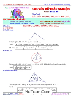 Chuyên Đề Hệ Thức Lượng Trong Tam Giác - Lê Bá Bảo - Tài Liệu Toán 10